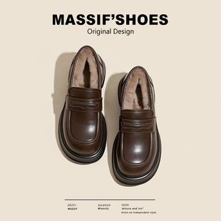 真皮厚底小皮鞋女款2026冬季新款复古单鞋兔毛加绒英伦棕色乐福鞋