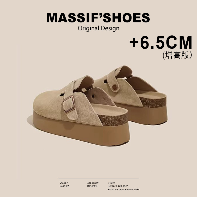 厚底增高勃肯半拖鞋女新款夏外穿真皮厚底钓鱼小个子包头博肯单鞋