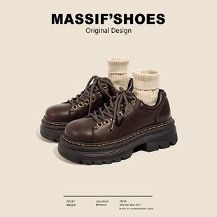 真皮英伦风小皮鞋女2026秋冬新款加绒厚底增高复古单鞋棕色乐福鞋