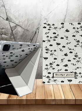 复古黑色小碎花苹果平板保护套适用iPadPro2024新款Y形三折iPad6/5带笔槽10.9/11寸mini6/5女款12.9寸保护壳