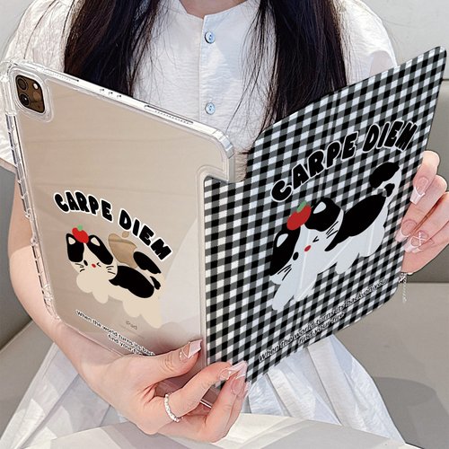 黑白格红苹果猫咪Y折平板保护壳