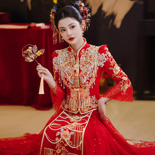 春夏薄款中式红色龙凤褂秀禾服