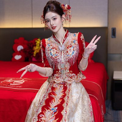 夏季秀禾服2026年新款中式结婚礼服显瘦婚宴嫁衣低领香槟色新娘服