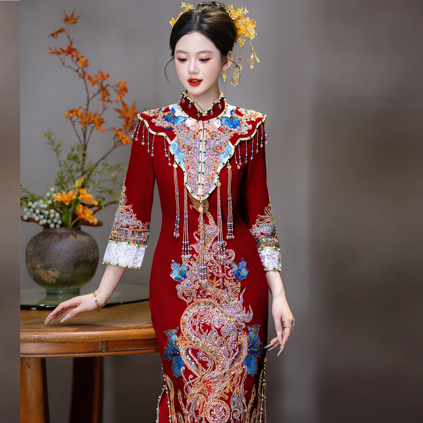 高端订婚宴礼服裙新娘服敬酒服小个子长袖旗袍2026新款结婚秀禾服