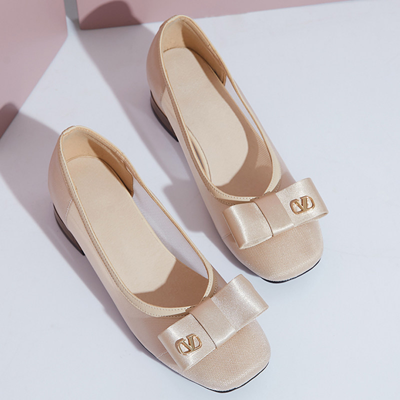 真皮女凉鞋新款网纱女鞋春夏季粗跟镂空透气跳舞鞋中年女士单鞋