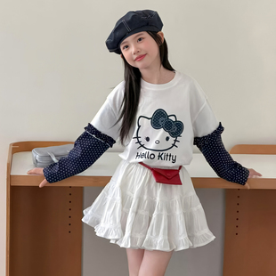 女童长袖t恤春秋款中大童假两件上衣春装2026新款儿童打底衫春季