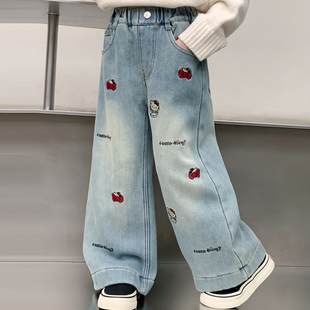 冬季 女孩长裤 儿童一体绒裤 冬装 子洋气中大童阔腿裤 女童加绒牛仔裤