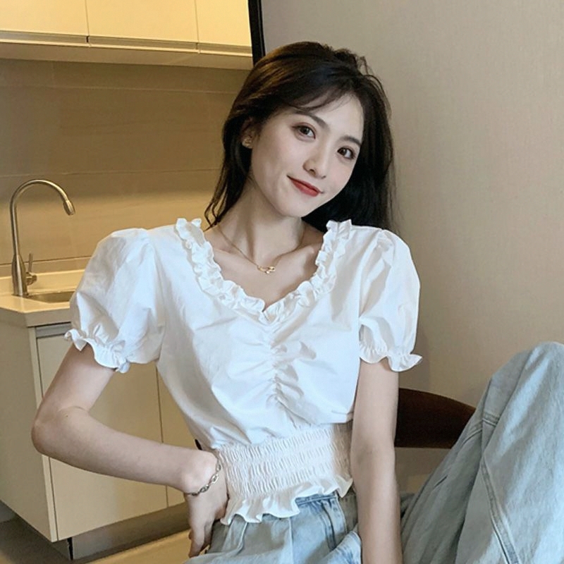 韩版修身显瘦抽绳露衬衫法式T恤