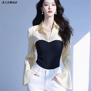 春季新款蓝色法式衬衫喇叭袖女假两件条纹漂亮职业衬衣独特拼接女