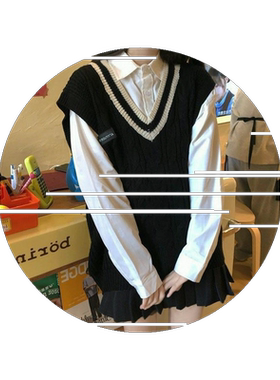 毛衣两件套学院风套装春秋季外搭宽松学生衬衫女V领针织马甲背心