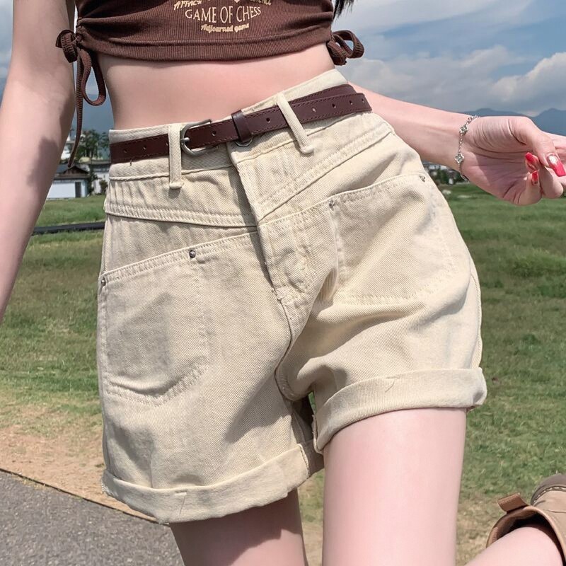 宽松大码显瘦糖果色杏色短裤超短胖MM梨形身材y2k女高腰牛仔夏季