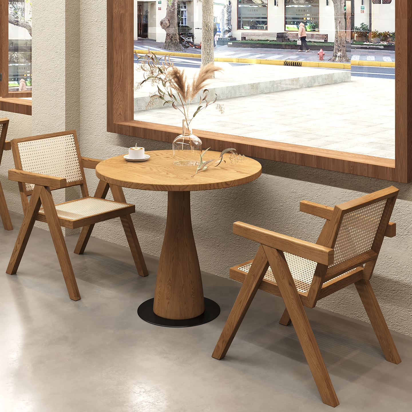 实木藤编休闲奶茶店咖啡店烘焙甜品店洽谈桌椅组合小圆桌商用1069