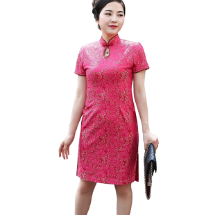 加肥特大码夏适合胖女人穿的衣服短袖中年女妈妈旗袍改良版连衣裙