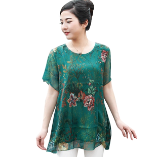 适合45岁的衣服胖公主大码雪纺衫女2024夏天胖女人遮肚显瘦上衣T