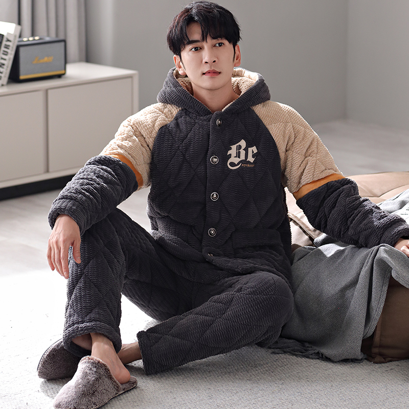 三层夹棉男士加厚珊瑚绒睡衣名夫