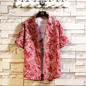 短袖 夏季 上衣潮 痞子印花宽松半袖 衬衣大码 男士 80年代复古港风衬衫