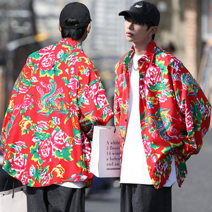 春季新品情侣款时尚东北大花衬衫加大码宽松网红衬衣中国风寸衫男