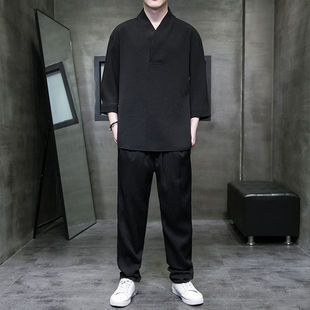 中国风夏季男式五分袖T恤裤子两件套加大码亚麻复古汉服棉麻唐装