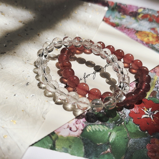 粉红香槟｜鸽血红草莓晶&白阿赛斯特莱水晶宝石手链 NO.031901