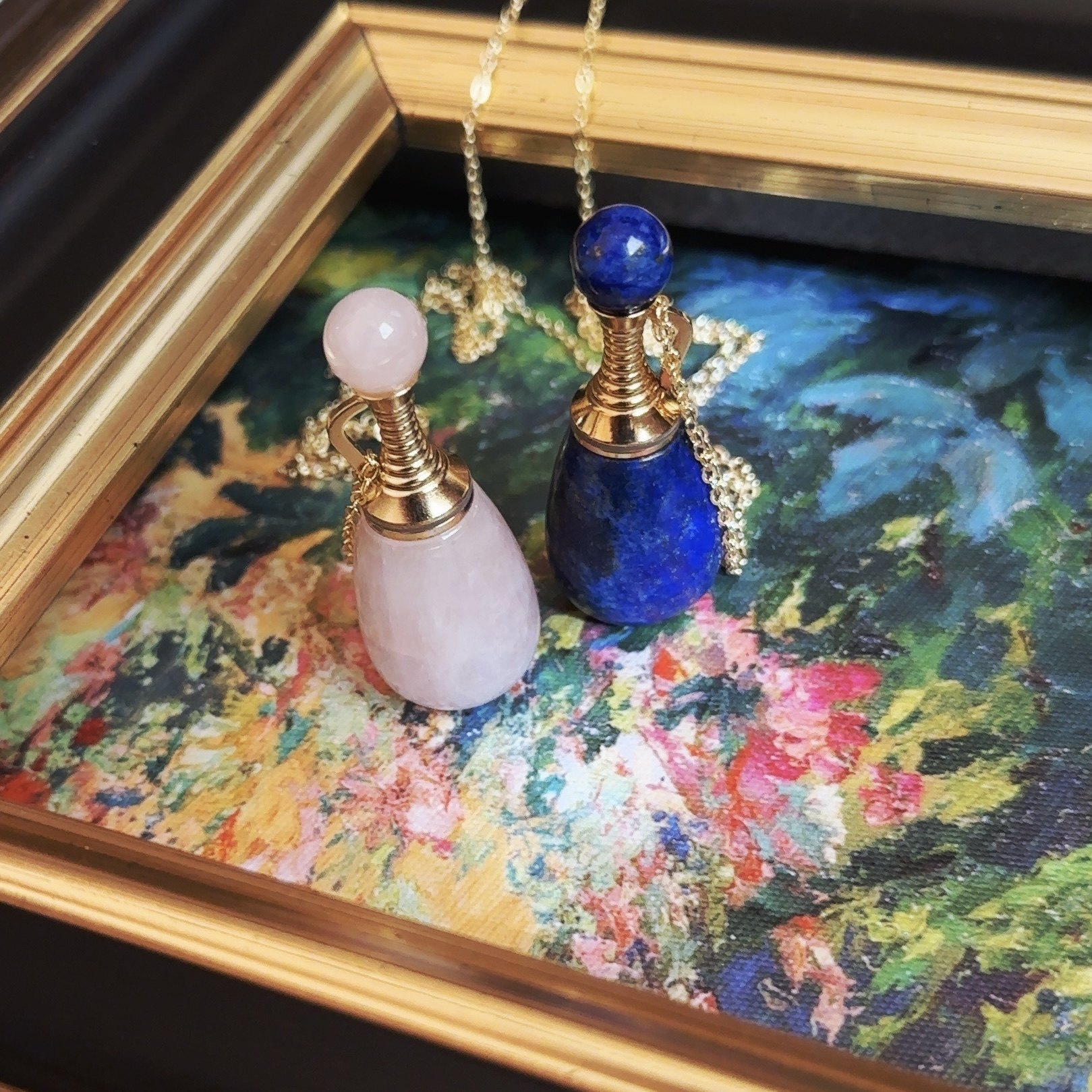 酒神侍女｜天然青金石&粉水晶宝石手工香水瓶项链节日礼物定制