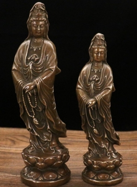 黄铜观世音菩萨拿念珠占像佛像摆件复古莲花座观音菩萨铜像