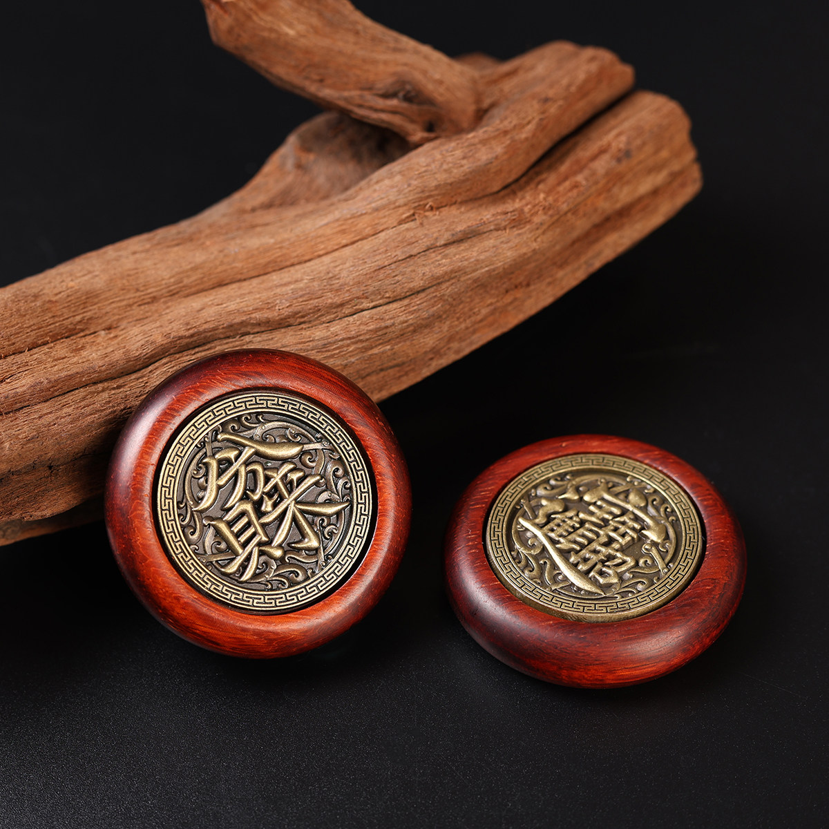 双面旋转紫檀木手把件八方黄铜赚钱个性摆件指尖陀螺文玩解压玩具