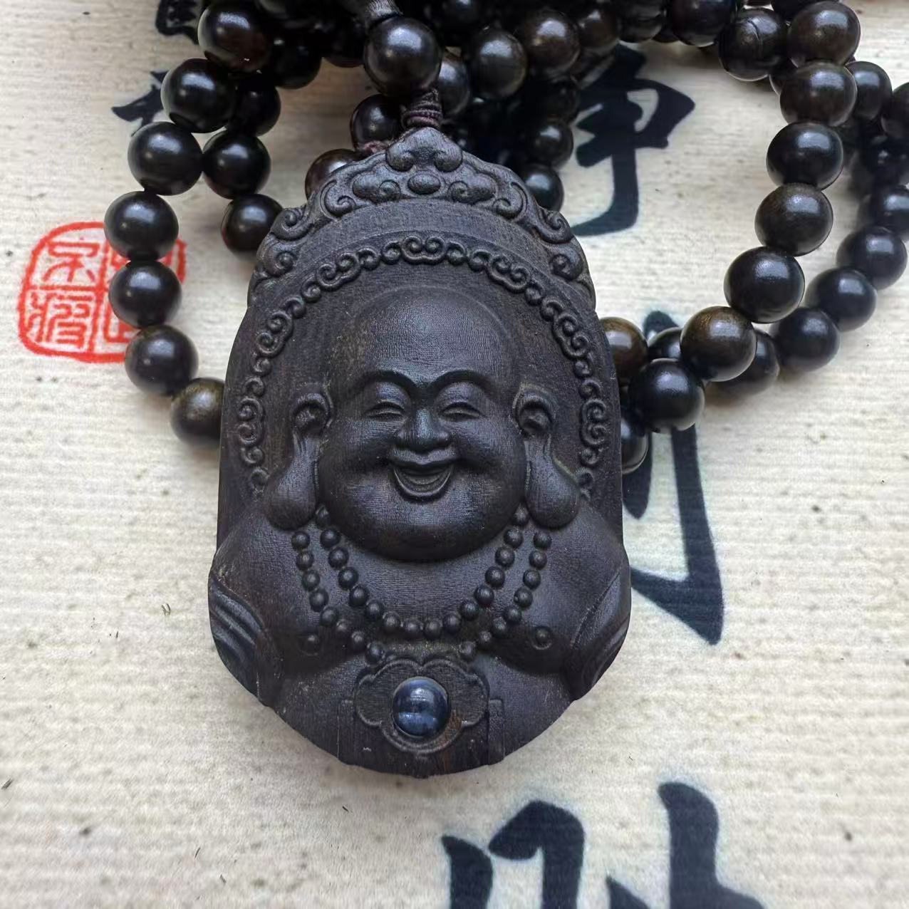 印尼天然沉香达拉干弥勒佛投影佛牌挂件守护神