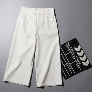 外穿皮短裤女2024秋冬新款宽松阔腿裤高腰七分裤pu皮裤大码白色裤