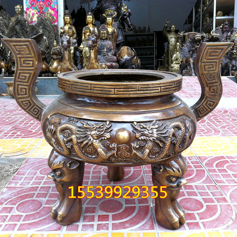 大号纯黄铜双龙戏珠香炉三足鼎炉双耳炉招财镇宅装饰风水铜器摆件