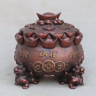 纯黄铜摆件元宝聚宝盆香薰炉招财进宝利市铜器神兽元宝铜钱聚宝盆