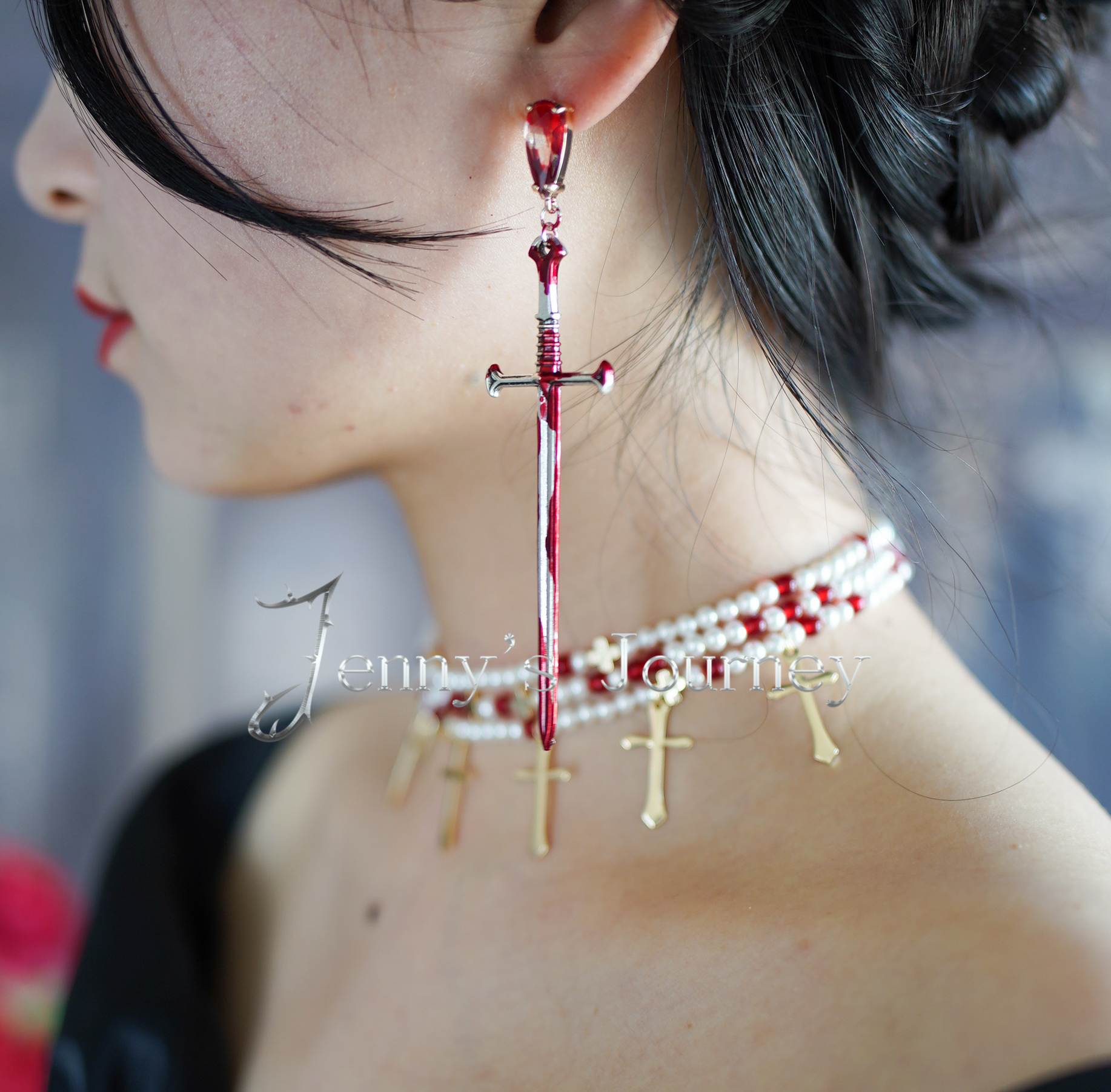 珍妮的剑 |吸血鬼哥特玫瑰滴血十字剑圣剑s925纯银耳钉耳环原创