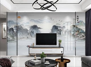 现代简约新中式3D宣绒布水墨山水壁画客厅卧室电视背景墙5D装饰画