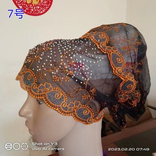春夏季新款蕾丝套头回族包头帽打底系带民族风网纱帽女礼拜帽盖头