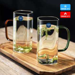 乐美雅玻璃杯耐高温茶杯带彩色把手套装水杯高硼硅绿茶杯家用待客