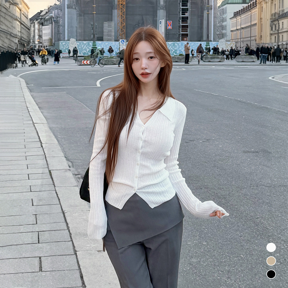 kindame韩国设计感V领带翻领长袖开衫女修身显瘦上衣TS26S4232