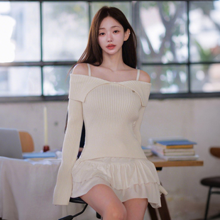 kindame韩国温柔风一字肩针织衫 女露肩罗纹毛衣显瘦KS25W3412