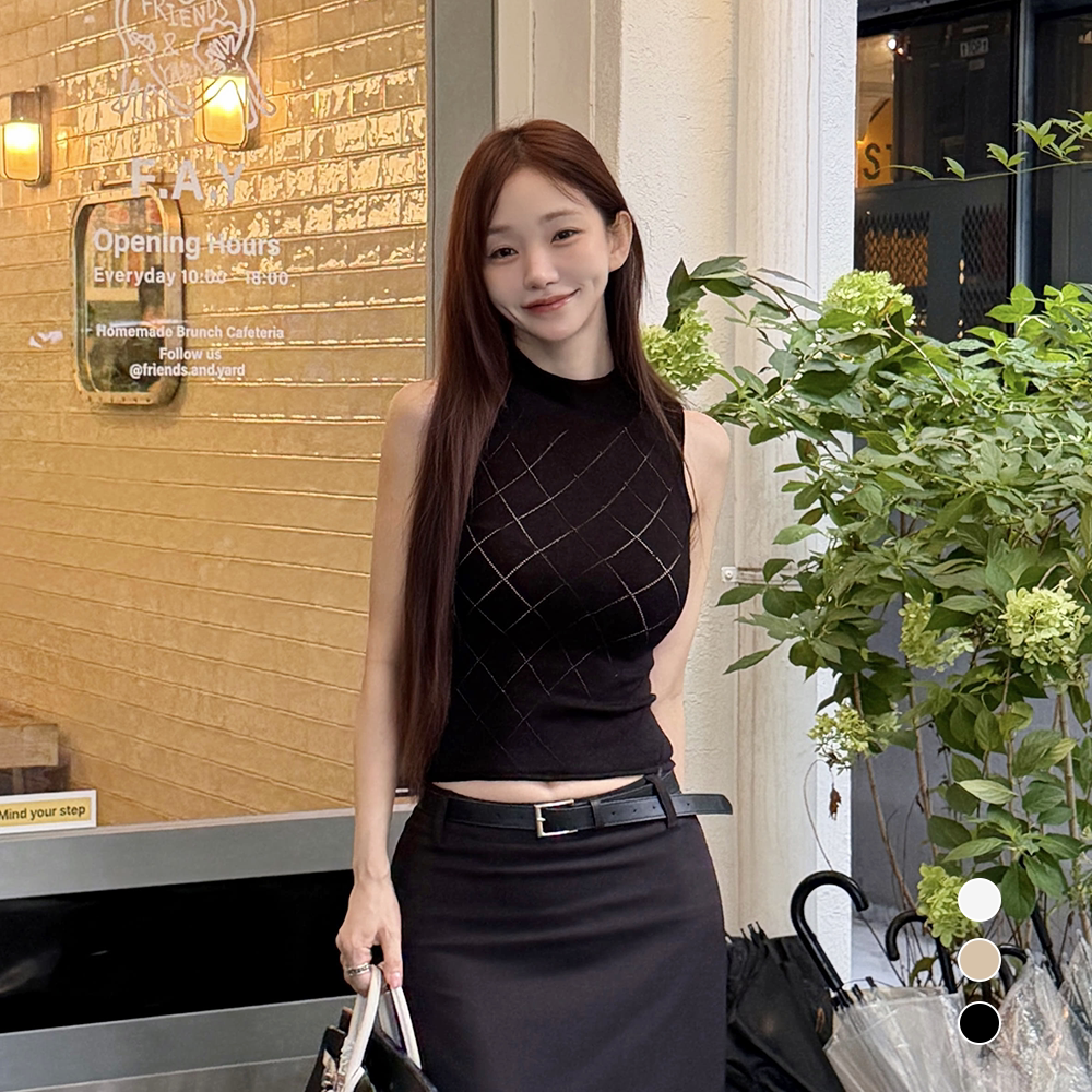 kindame韩国菱格纹半高领针织背心女修身无袖质感背心KS26F4702