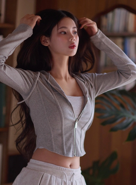 kindame韩国休闲百搭露脐款修身长袖拉链连帽卫衣TS25S2907