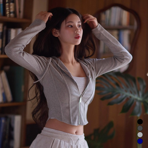 kindame韩国休闲百搭露脐款修身长袖拉链连帽卫衣TS25S2907