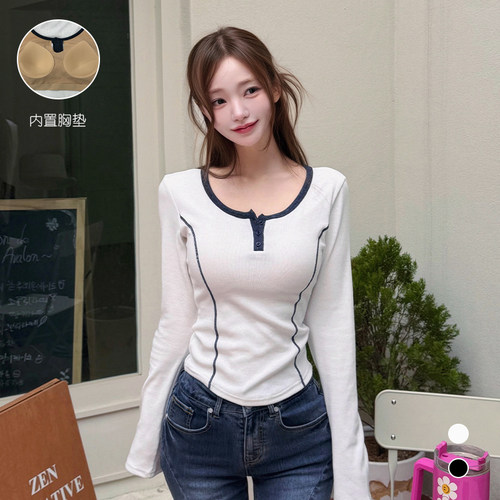 正肩春季修身半开领长袖T恤