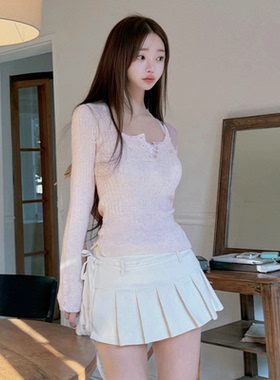 kindame韩国温柔风羊毛长袖罗纹针织衫女修身纽扣上衣KS25W2615