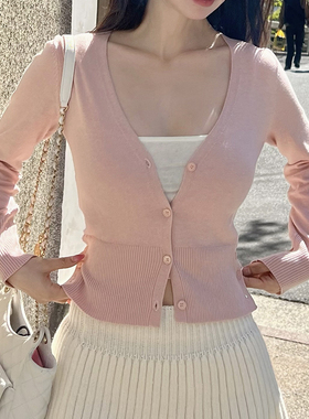 kindame韩国修身纽扣V领显瘦毛衫开衫长袖女KR23S1703