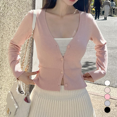 纽扣V领显瘦毛衫开衫长袖女