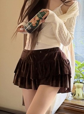 kindame韩国复古天鹅绒蛋糕裙女荷叶边分层蓬蓬裙半身裙BS25W2912