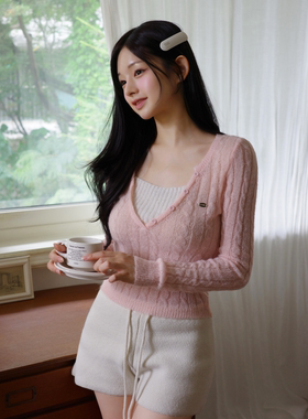 ZANNE韩国假两件百搭麻花纹修身针织衫长袖V领上衣ZANNE25FW01