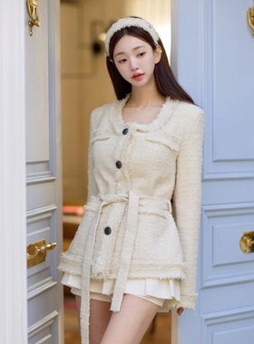 kindame韩国小香风流苏粗花呢加厚外套女系带收腰高级感OS25W3405