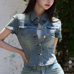 kindame韩国夏季修身牛仔衬衫纽扣T恤短袖TS25S3108