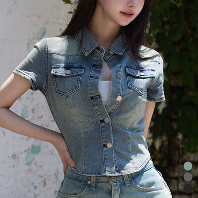 kindame韩国夏季修身牛仔衬衫纽扣T恤短袖TS25S3108