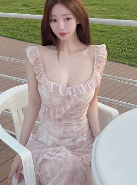 kindame2025纯欲风高级感薄纱连衣裙粉色荷叶边DS25M3505