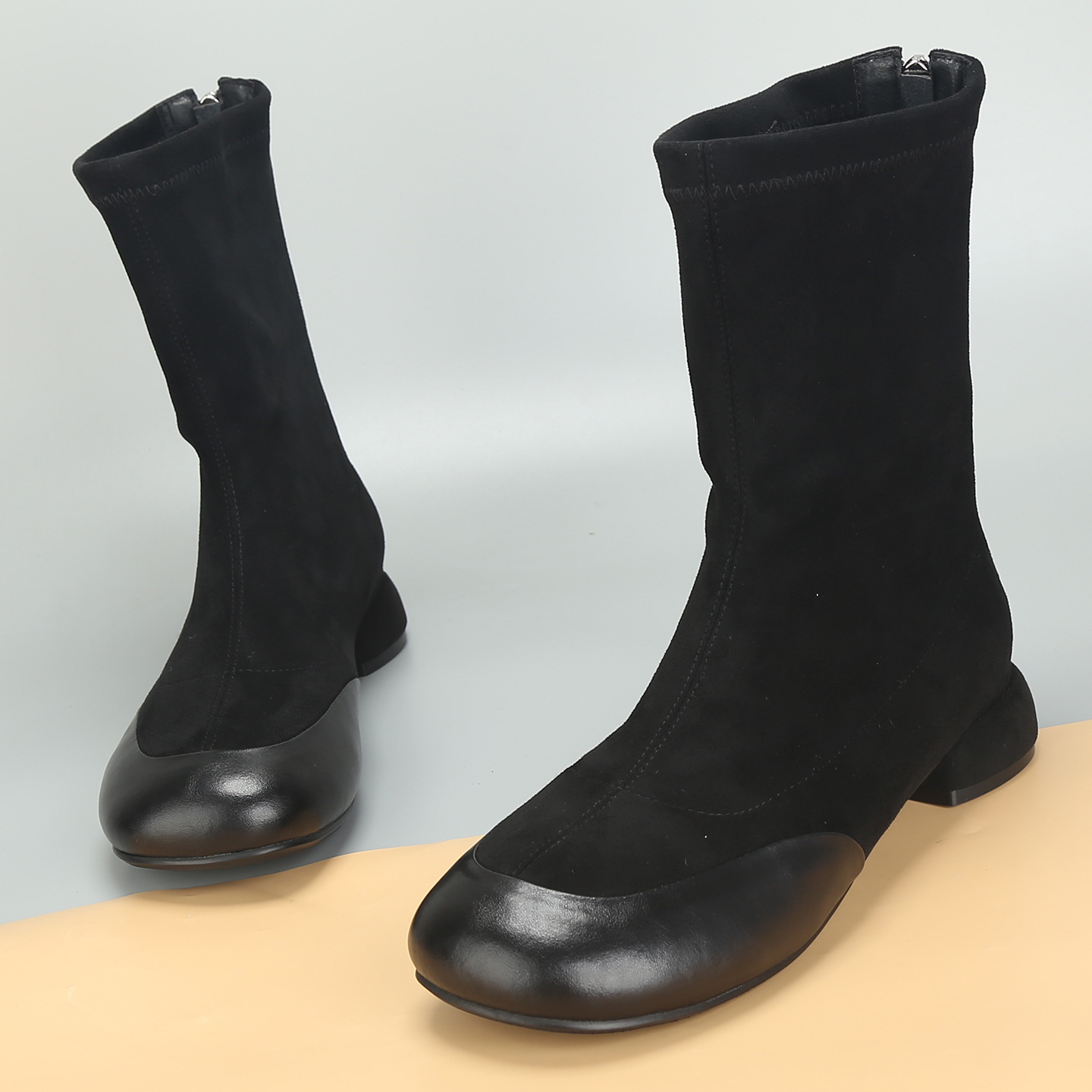 宽胖脚大码女鞋41到43秋季新款真皮靴子粗跟短靴弹力靴瘦瘦靴加宽